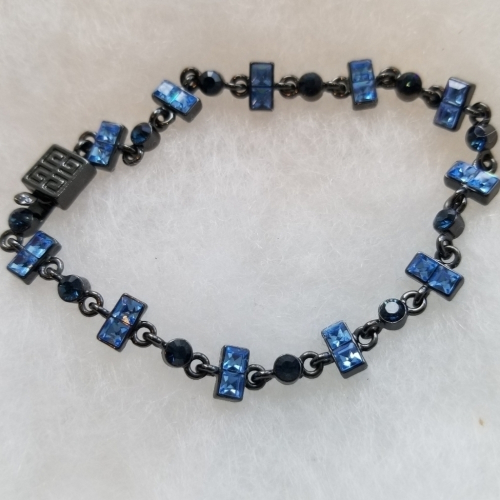 Givenchy Vintage Art Deco Gun Metal Hematite & Ocean Blue Crystal Bracelet - Picture 2 of 4